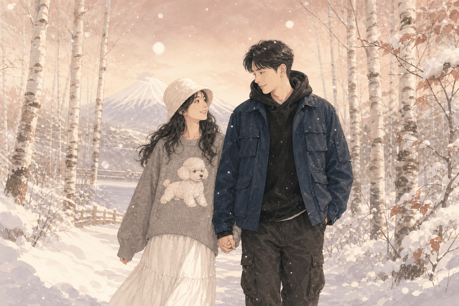 Japan in winter — birch trees, falling snow, falling deeper